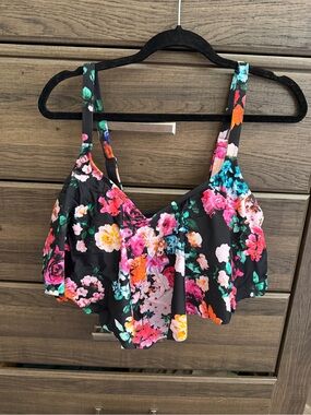 torrid Black Floral Ruffle Bikini Top with Pink, Orange & Blue Flowers